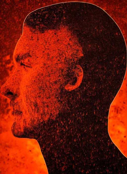 Image similar to a man's face in profile, made of lava, in the style of the Dutch masters and Gregory Crewdson, dark and moody