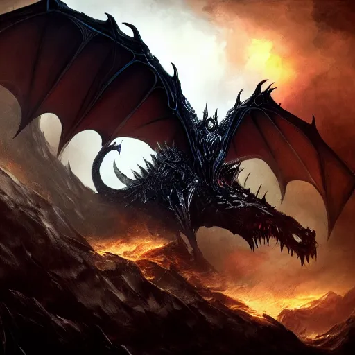 Image similar to dark fantasy concept of a vampire dragon god, with dark matter and molten armor on a mountain, cinematic, dynamic lighting, photorealistic, ultra detailed, trending on art station, stunning visuals, creative, hyper detailed