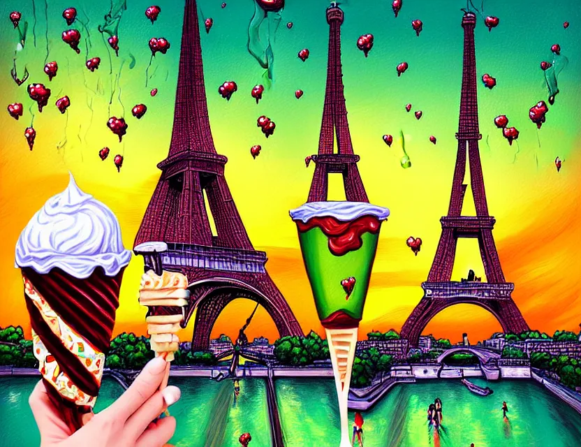 Prompt: melting distorted eiffel tower icecream green and red, sunset, people swimming in wine glasses, super realistic and highly detailed painting by japanese comic illustration on yellow background - n 4