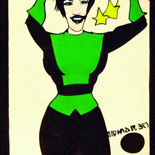 Image similar to brunette woman, short hair, flipped out hair, bright green eyes, black fascist uniform, smirk, cartoon style