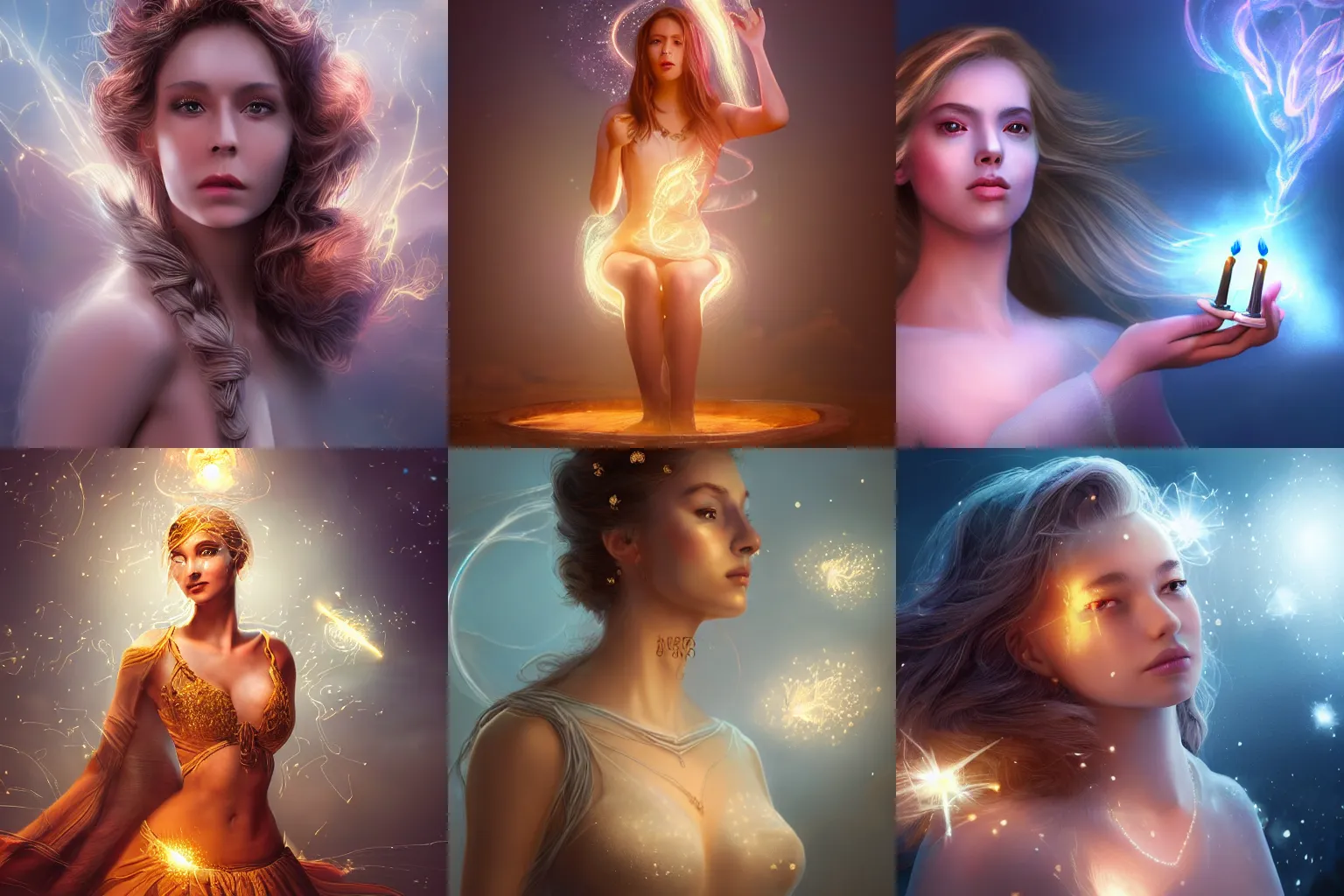 Prompt: a beautiful female human god of lighters character, character is in all its glory, character is centered on the image, character is in her natural pose, rim lights, magic in the air, fancy clouds, highly detailed professional photo, dynamic lights, particles are flying, depth of field, trending on artstation, illustration, hyper realistic, vray caustics, super detailed, colorful accents, cinematic shot