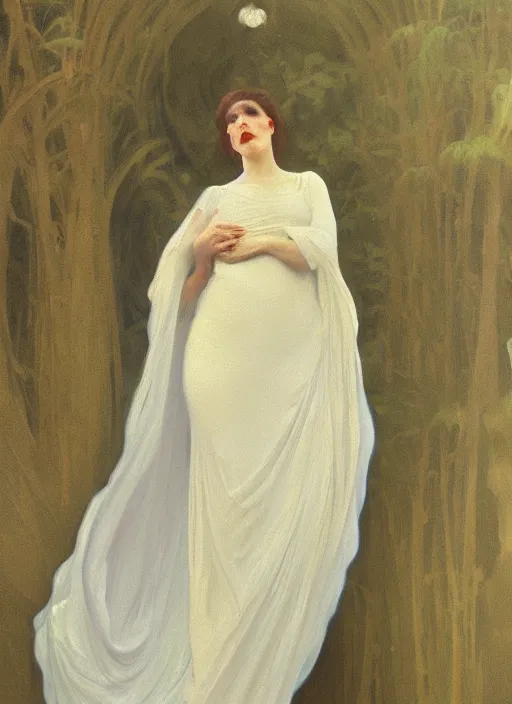 Prompt: an oil painting of a woman in a flowing white gown standing in a hazy, gloomy, dark room, art nouveau in the style of john singer sargent, greg rutkowski, maxfield parrish and alphonse mucha