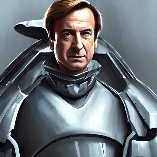 Image similar to Movie still of Saul Goodman wearing futuristic futuristic futuristic armour while holding a machine gun, highly detailed, digital painting, artstation, concept art, sharp focus, illustration, art by Tony Sart and artgerm and randy vargas