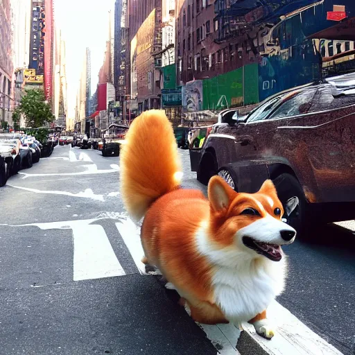 Prompt: 8k highly detailed photograph of a giant 80 foot tall adorable corgi invading New York City. cute destruction