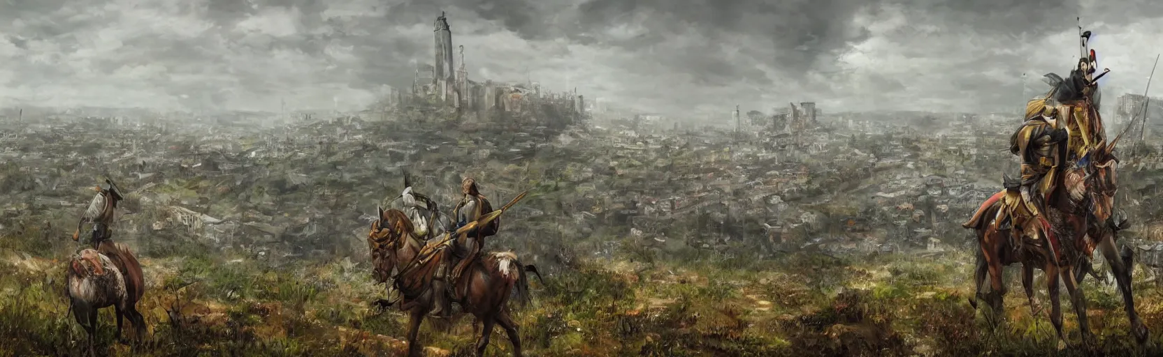 Image similar to horseback knights at scenic overlook; cloudy, grey skies, walled fort city deteriorating office buildings in background on hill; forest; la Bastille, post apocalyptic, grungy; colorful, crisp, artstation