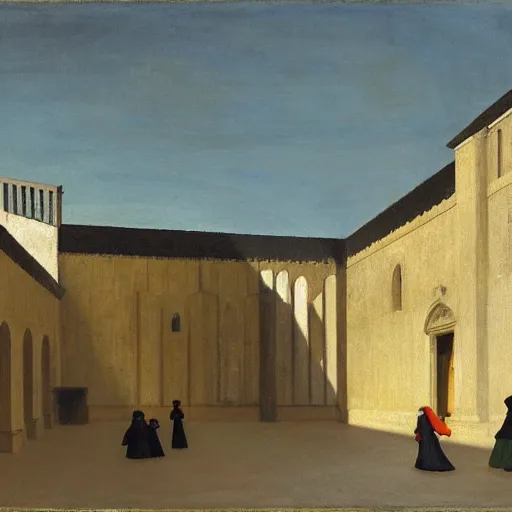 Image similar to in the distance, a little girl with short black hair and wearing a yellow coat alone in the inner courtyard of a cloister in an abbey, the light is bright and wintry, painting by hopper and de chirico