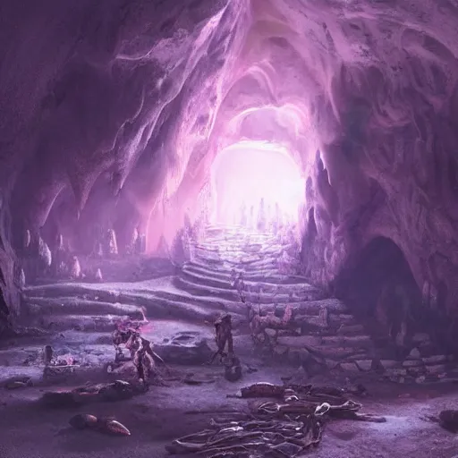 Image similar to beautiful matte painting of a cave with glowing crystals on the walls and bone piles on the floor, fantasy, sharp focus