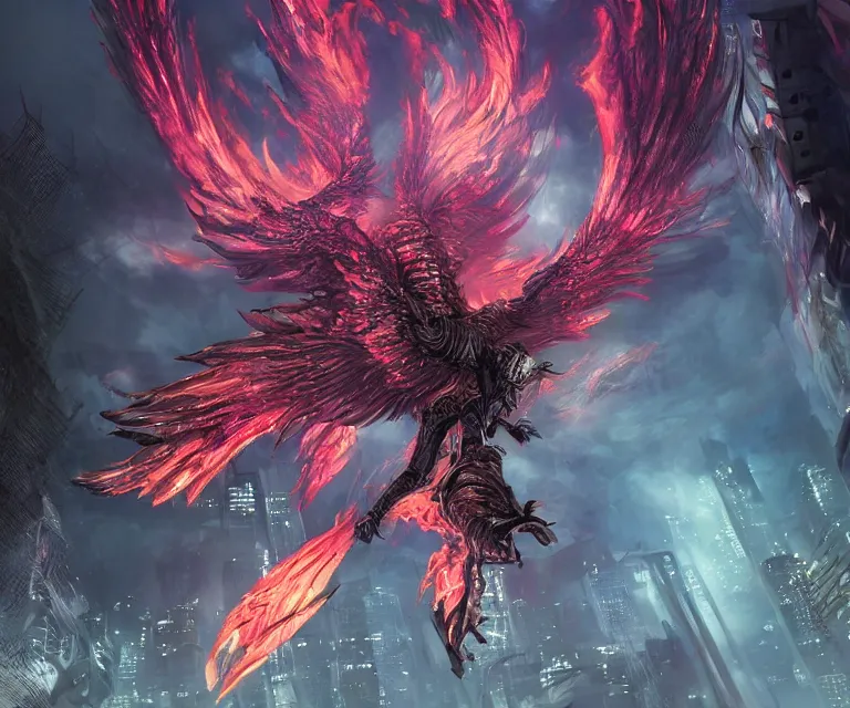 Image similar to neo tokyo, dark fantasy, concept art, video game, highly detailed, phoenix flames