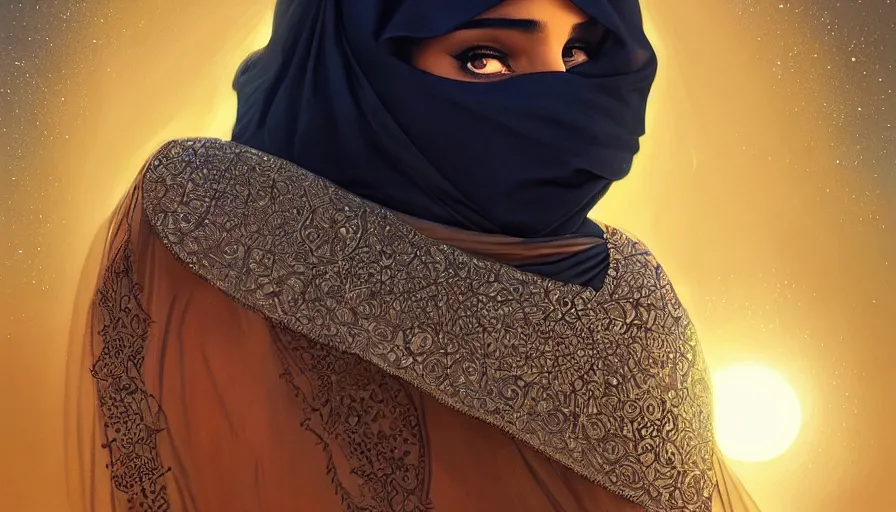 Image similar to Portrait of very very very very very very beautiful Arab woman wearing a Niqab, glowing magical eyes, energy trails, under giant full moon in the desert, intricate, elegant, highly detailed, digital painting, artstation, concept art, smooth, sharp focus, illustration, art by artgerm and greg rutkowski and alphonse mucha