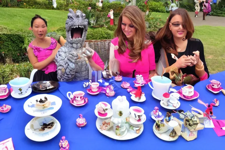 Prompt: Godzilla tea party with Barbie