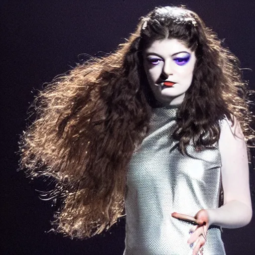 Image similar to lorde wearing goth makeup and a silver bodysuit with black platform boots