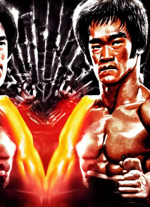 Image similar to Film poster Arnold Schwarzenegger VS Bruce lee , faces look at each other, detailed and realistic, 4k, filmic render