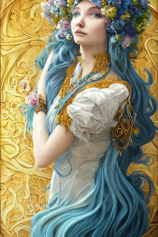 Image similar to breathtaking detailed painting by pilyeon and teffish on artstation, a full shot queen with long flowing bright blue hair, gauze dress and pastel flowers petals and golden tumultuous clouds, symmetrical facial features, at dawn in front of a pristine golden art nouveau cathedral, elegant, highly detailed, artstation, concept art, matte, sharp focus,