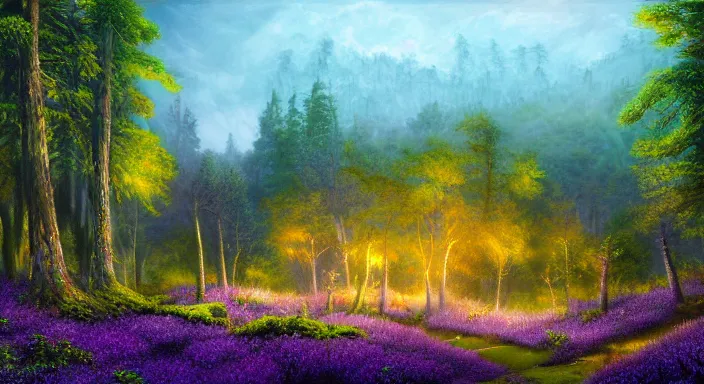 Image similar to A professional digital landscape painting of The Feywild forests overlooking a mansion, painted by Terese Nielsen, 4k, digital art, highly detailed, upper body shot, shallow depth of field, purple and yellow lighting, professional lighting, airbrush,