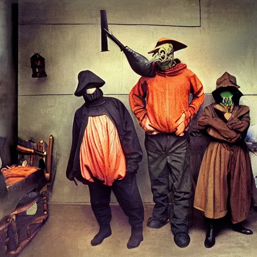 Prompt: 1 9 9 3 disposable camera color photo of a modern gang of plague doctors in the style of jan saudek, annie liebovitz, pieter bruegel the elder, joel peter witkin, gustave dore, heironymus bosch