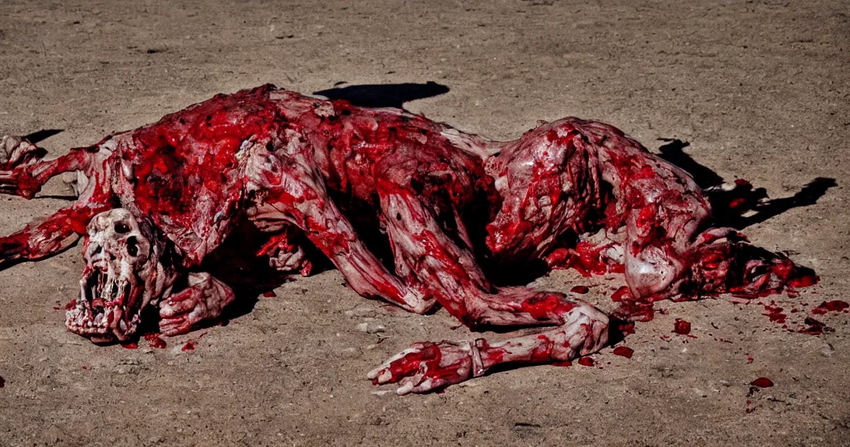 Image similar to in the desert a bloody gross horrifying The Thing creature made of muscle and bone and blood stares at the camera, eating, there is a pool of blood on the ground, mid day, 35mm photography, realistic,