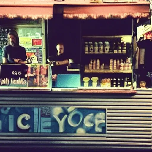 Image similar to “ thom yorke is buying ice - cream at the dirty ice - cream booth in the street, movie screenshot, cinematic, epic, dramatic ”