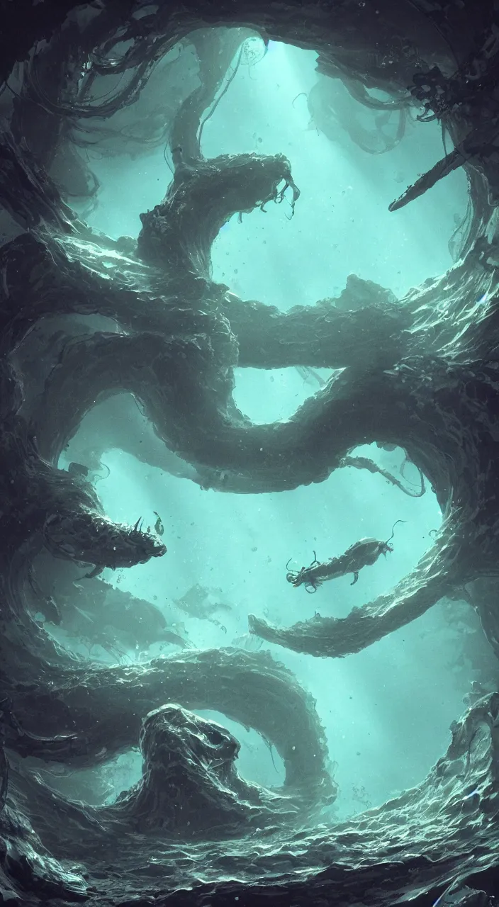 Prompt: Underwater luminescent cave with swimming Leviathan floating diver, eerie, lovecraftian, moody, concept art, cinematic