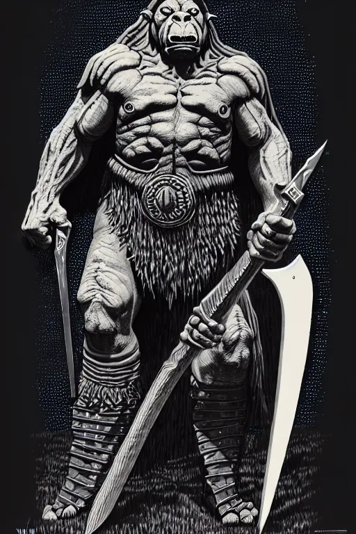 Prompt: cloaked orc holding large axe, high details, intricately detailed, by vincent di fate, inking, 3 color screen print, masterpiece, trending on artstation, sharp, details, hyper - detailed, hd, 4 k, 8 k