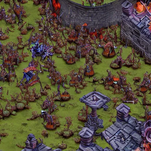 Image similar to Evil mage is standing on top of his tower, raising hands up high and leading his horde of zombies to outer lands. Isometric, high angle, big scale battle map. Highly detailed digital art, unreal engine.