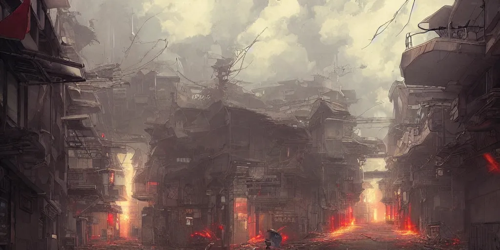 Image similar to A daemon bursts through the floor of an urban japanese street, there is an apocalyptic electrical storm in the sky, Greg Rutkowski and Studio Ghibli