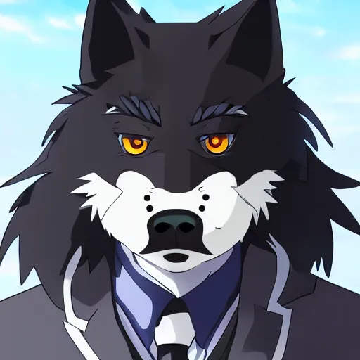 Image similar to key anime visual professional art of a close shot of an anthropomorphic black male wolf anthro furry fursona, wearing a business suit, handsome male eyes, anime office interior, official anime still, anime