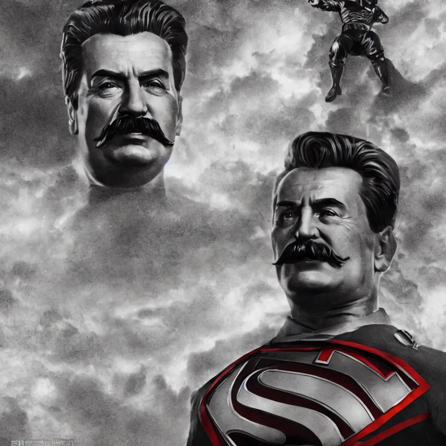 Image similar to stalin as superman, red son, socialist realism, sovietwave aesthetic, hammer and sickles, solitude, groundbreaking, award winning, breathtaking, superb, hyper realistic, detailed picture, intricate digital art, trending artstation, 8 k, unreal 5, octane render, vfx, volumetric lighting, rich moody colors, fan art, concept art