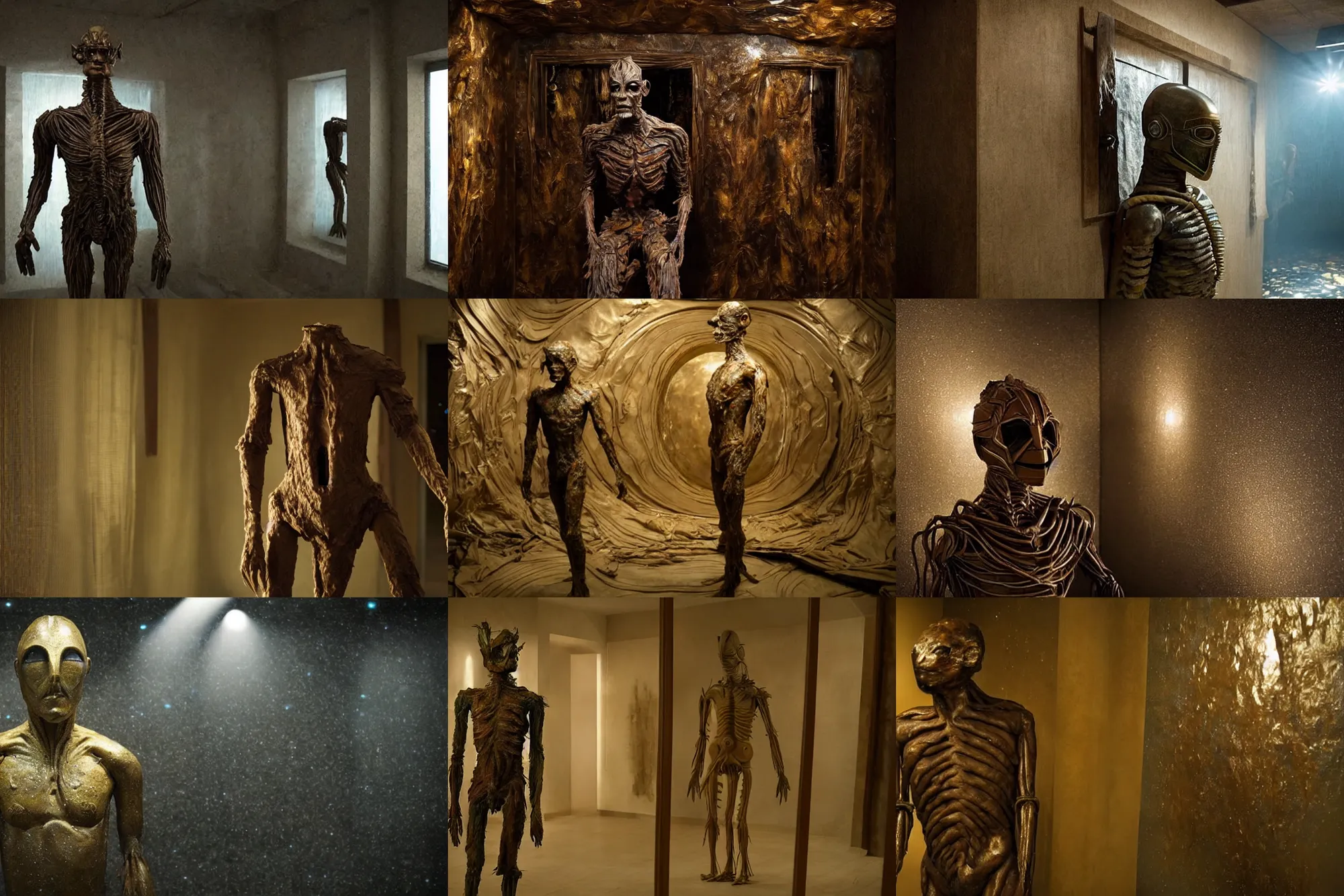 Prompt: the full body shot of wax creature wearing bronze mask inside the room without doors and windows | interstellar movie by ridley scott with cinematogrophy of christopher doyle and art direction by hans giger, anamorphic bokeh and lens flares, 8 k, higly detailed masterpiece