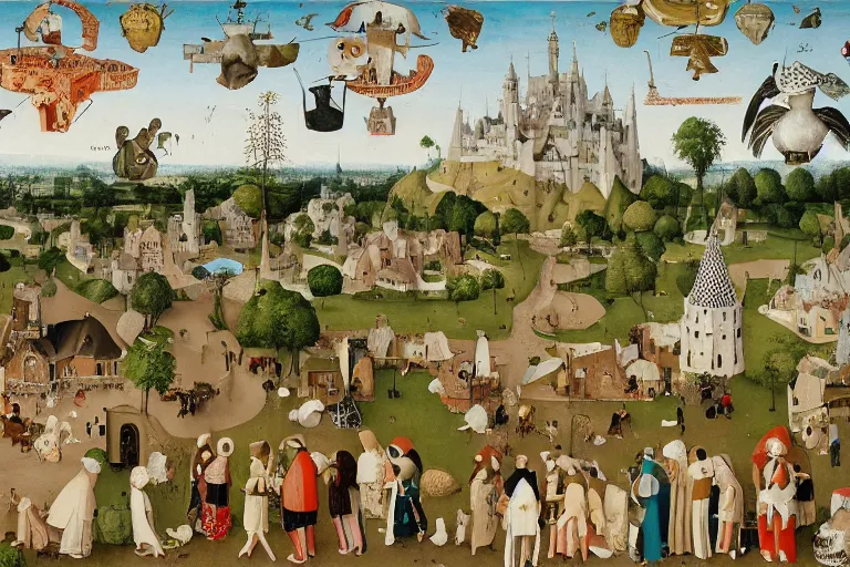 Image similar to an elaborate and dense painting of a peaceful neighborhood scene, detailed, made of alcohol ink on parchment and penned illustrations, by wes anderson and hieronymus bosch and geoff darrow