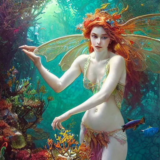 Image similar to portrait of a beautiful fairy woman, submerged underwater filled with colorful small fish and coral reef, fantasy, regal, intricate, by stanley artgerm lau, greg rutkowski, thomas kindkade, alphonse mucha, loish, norman rockwell