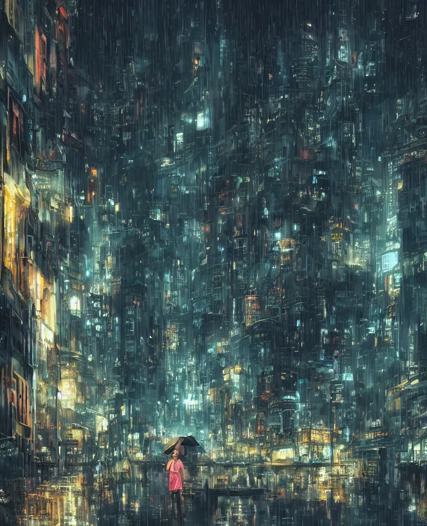 Image similar to cluttered futuristic city at night, rain, girl under lantern, by Sean Foley