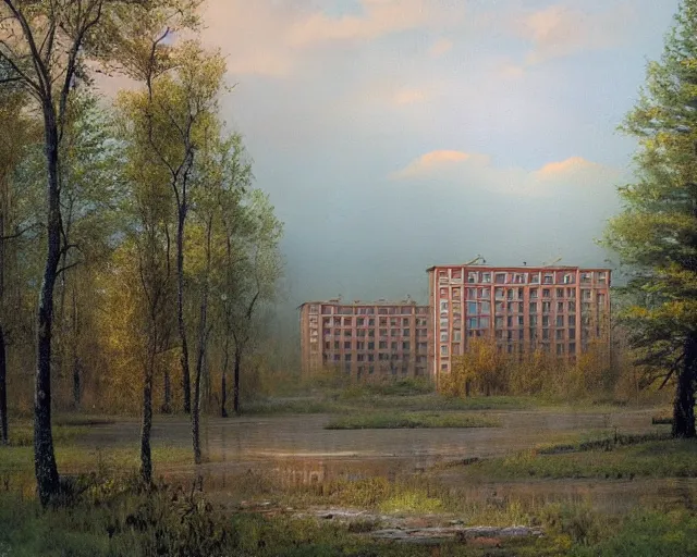 Image similar to beautiful matte painting of cute soviet block of flats hrushevka in end of forest by ivan shishkin, artstation, cinestill