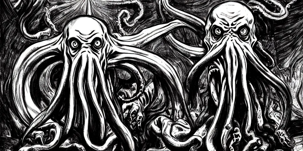 Image similar to digital art, portrait of a cthulhu, horror, gigantic, scary, graphic novel, cool light, wide angle lens, edvard munch