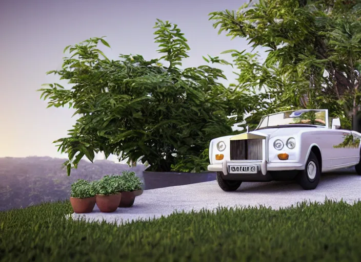 Image similar to a small miniature of a Rolls Royce Corniche Cabrio on a white table near a vase with a plant, 3d render, octane render, unreal engine 5, path tracing, serene landscape, calm, relaxing, beautiful landscape, highly detailed, high quality, 4k, symmetrical, low contrast