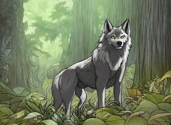 Prompt: a majestic delta wolf in a mythical forest next to a pathway, dark eyes, by ghibli studio and miyasaki, illustration, great composition....