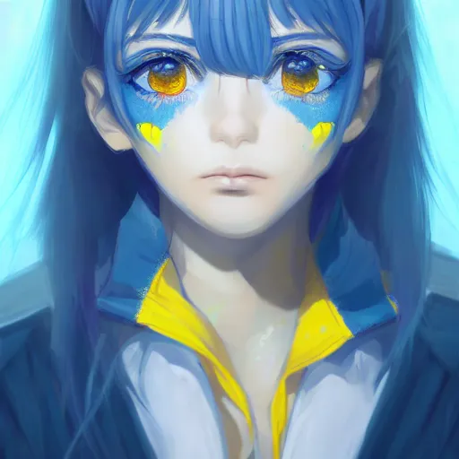 Image similar to a portrait of anime ukrainian blue and yellow girl, crying with eye drops, concept art, trending on artstation, highly detailed, intricate, sharp focus, digital art, 8 k