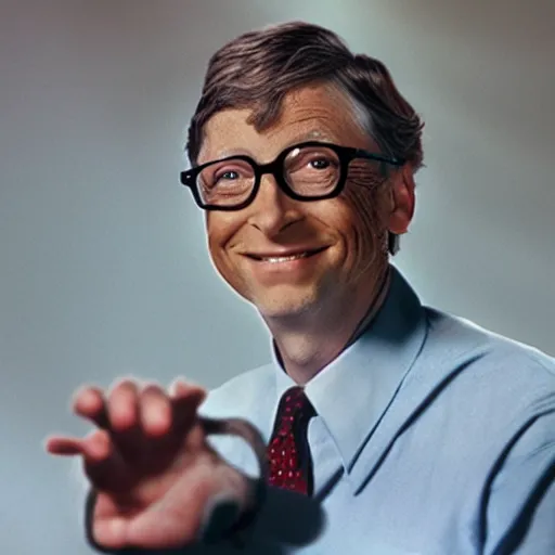 Image similar to a film still of Bill Gates turning slowly into a fly from the movie The Fly, promotional photo