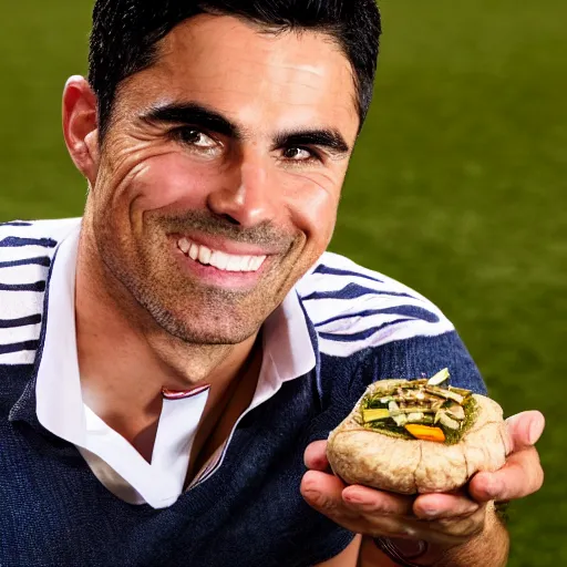 Image similar to a promo portrait of mikel arteta holding a plate of haggis up to the camera, happy,