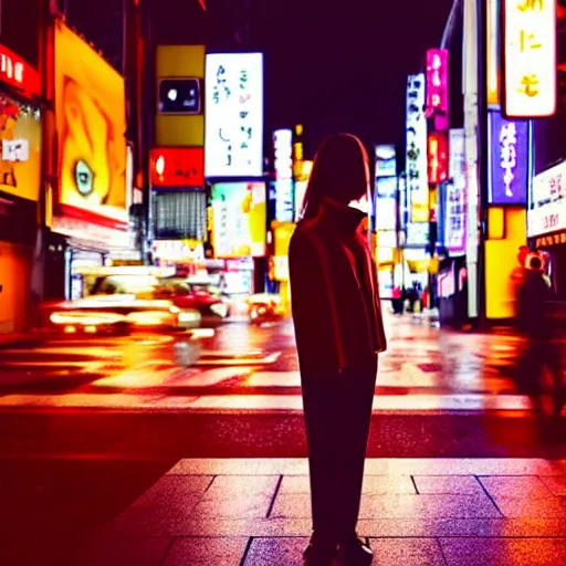 Prompt: a dramatic colorful fujifilm photograph of a young japanese girls silhouette standing in the middle of a tranquil nighttime tokyo street with neon signs