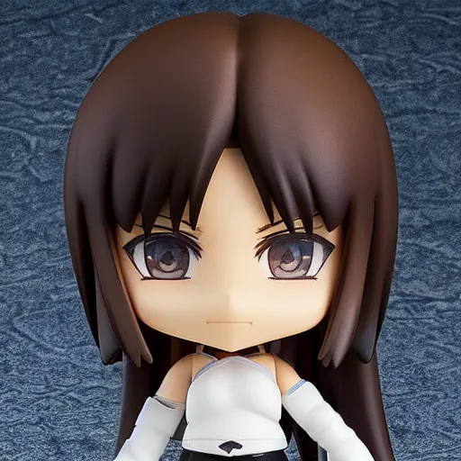 Prompt: nendoroid of a white girl with long dark brown hair shaved on the sides, brown eyes and thick eyebrows