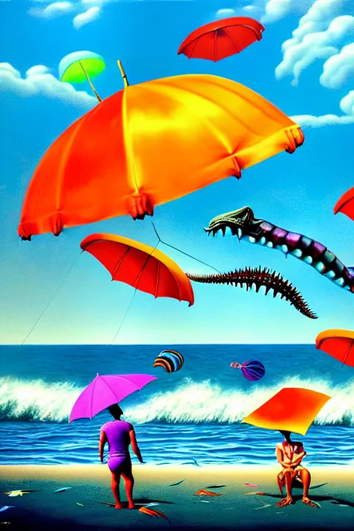 Prompt: a hyperrealistic painting of scary sea creature ambushing people laying on the beach with colorful umbrellas and kites flying in the air. cinematic horror by chris cunningham, lisa frank, richard corben, highly detailed, vivid color,