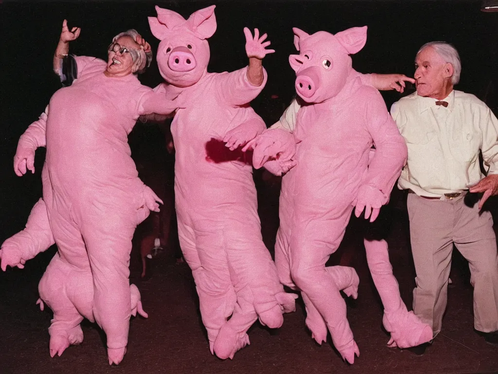 Prompt: a couple of grandparents of 1 0 0 years old wearing pig costume and dancing, extreme long shot, kodachrome, backlight, add a glow around subj. edge, in twin peaks, 1 9 9 0 s