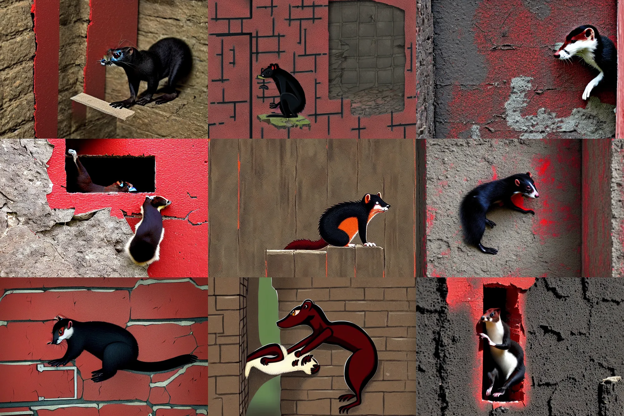 Prompt: a red - and - black weasel / stoat fursona ( from the furry fandom ), scratching and chiseling on a prison cell wall in order to create cracks and impressions, embraced by blessed madness