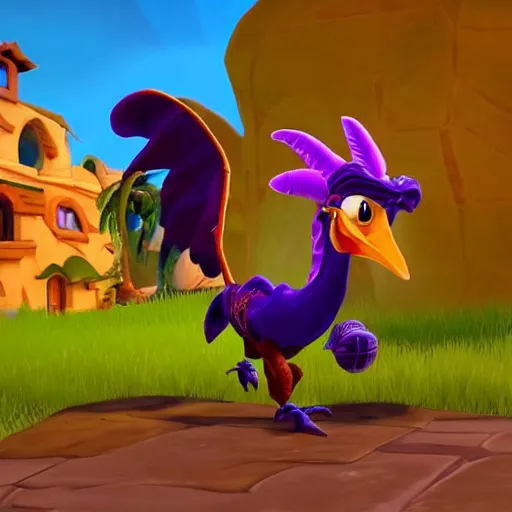 Image similar to screenshot of a humanoid anthropomorphic griffin bard with a feather in its cap as an enemy in spyro the dragon video game, with playstation 1 graphics, activision blizzard, upscaled to high resolution
