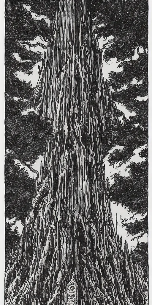Image similar to a dark tower on a hill surrounded by a dark forest , high fantasy, drawn by Kentaro Miura, Tarot card