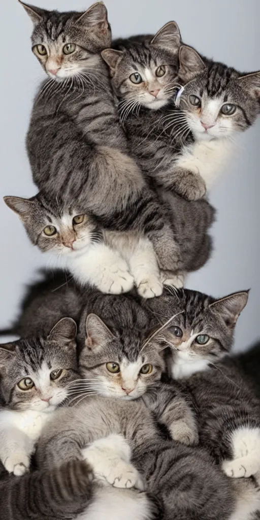 Image similar to a stack of cats curled up atop one another. a furry tower of cuddliness. cat cooperation.