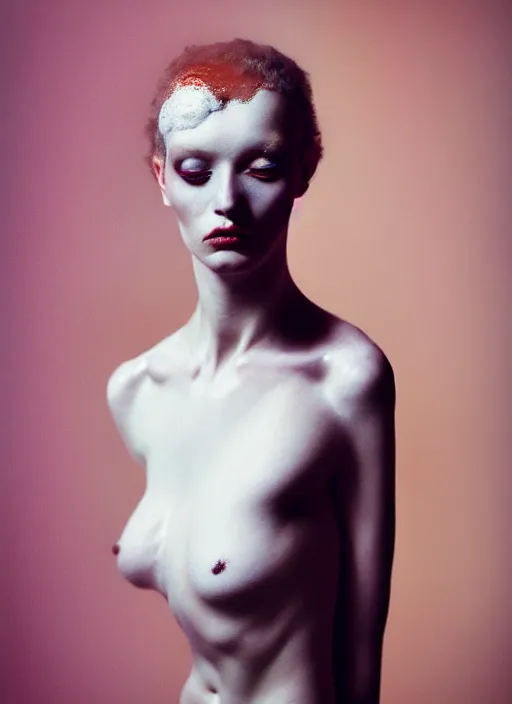 Image similar to cinestill 5 0 d photo portrait of a beautiful woman in style of tim walker by roberto ferri, body skin aggressive weird marble, hair is intricate floating liquid metal, 1 5 0 mm lens, f 1. 2, sharp focus, ethereal, emotionally evoking, head in focus, bokeh volumetric lighting, tonal colors outdoor