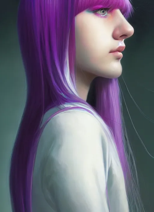 Image similar to hair whitebangs hair, black hair, whitebangs, portrait of teenage girl with white bangs, red irises, purple clothes, white bangs, bangs are different color from hair, intricate, elegant, glowing lights, highly detailed, digital painting, artstation, concept art, smooth, sharp focus, illustration, art by wlop, mars ravelo and greg rutkowski