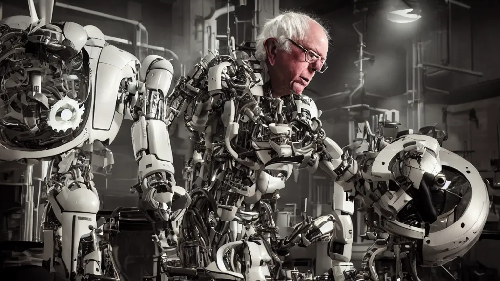 Image similar to ( bernie sanders ) putting the finishing touches on a ( cute ) ( clockwork ) doomsday robot, cinematic moody lighting, sharp focus, imax