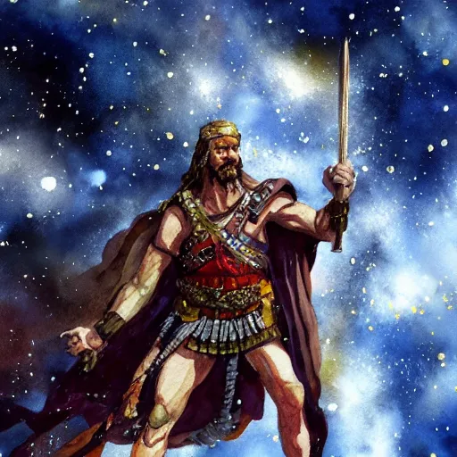 Prompt: vercingetorix in space. watercolor. dramatic. amazing painting. formal. beautiful. high resolution. highly realistic. close - up. trending on artstation